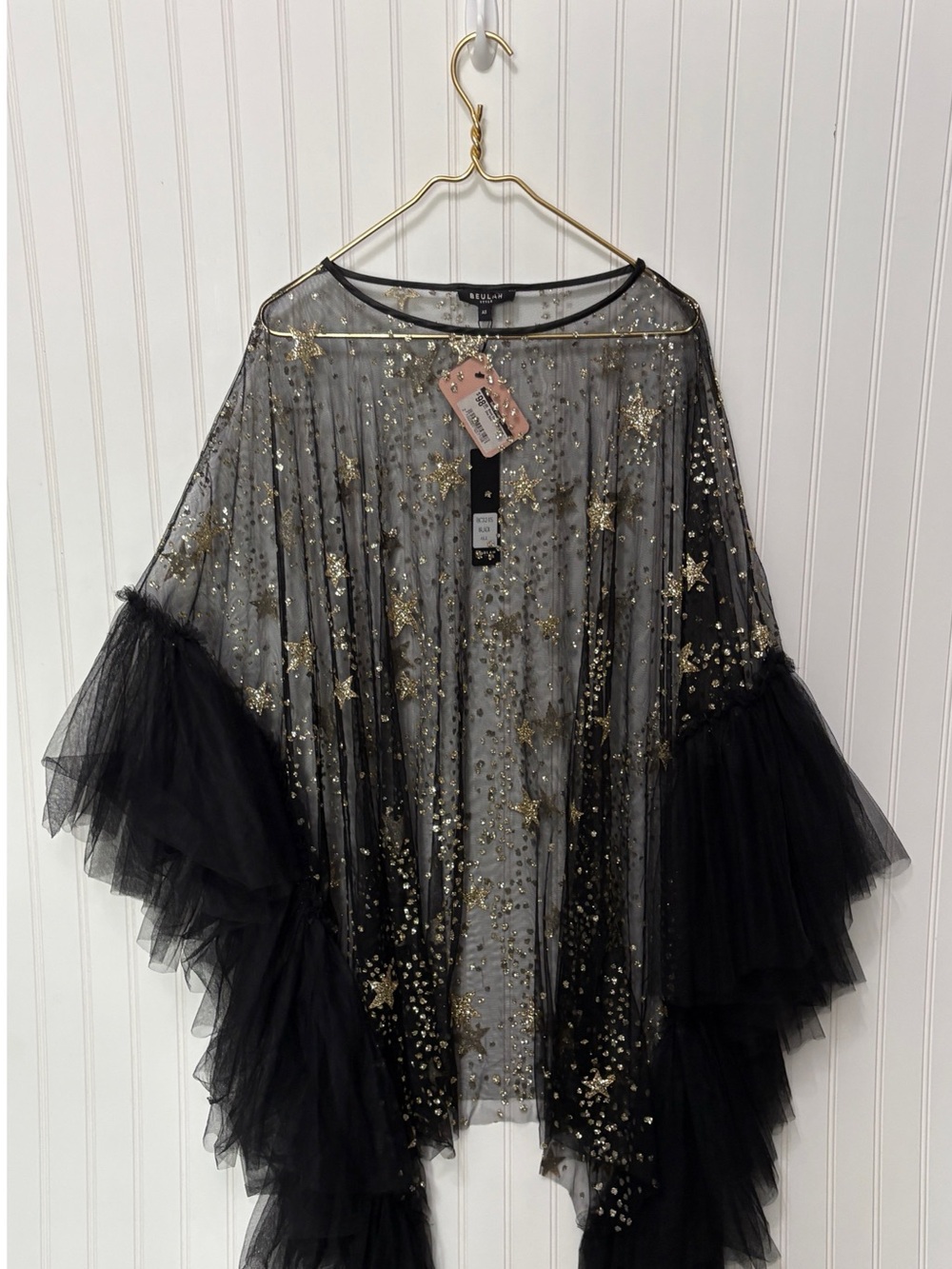 BEULAH Sheer Mesh Black Star Fringe Poncho Festival Stevie Cape Dress  NEW